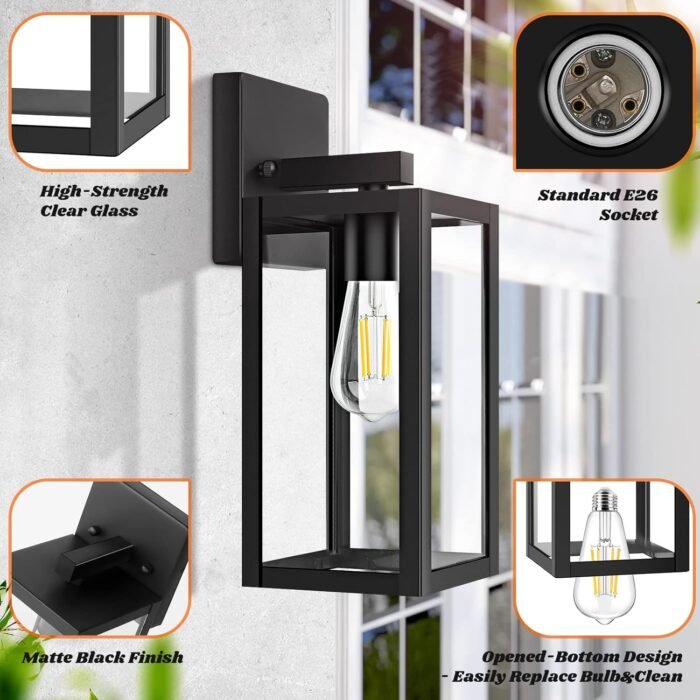 2-Pack Outdoor Light Fixtures Wall Mount, Waterproof Exterior Wall Lanterns with Clear Glass, Anti-Rust Outside Black Wall Sconces, Front Porch Lights for House Garage Doorway, Bulbs Not Included - Image 4