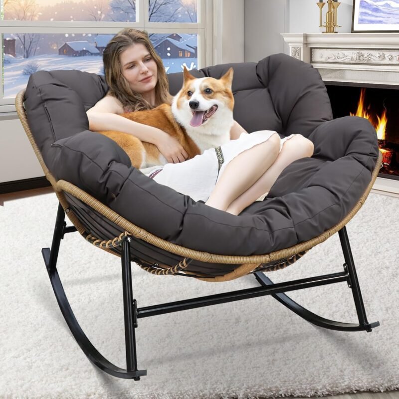 RADIATA Rocking Egg Chair with Thicken Cushion, Indoor Outdoor Oversized Rocker Lounge Chair, Water Resistant Cushion Cover, Metal Frame 450 lbs Weight Capacity, for Patio, Porch, Garden, Bedroom