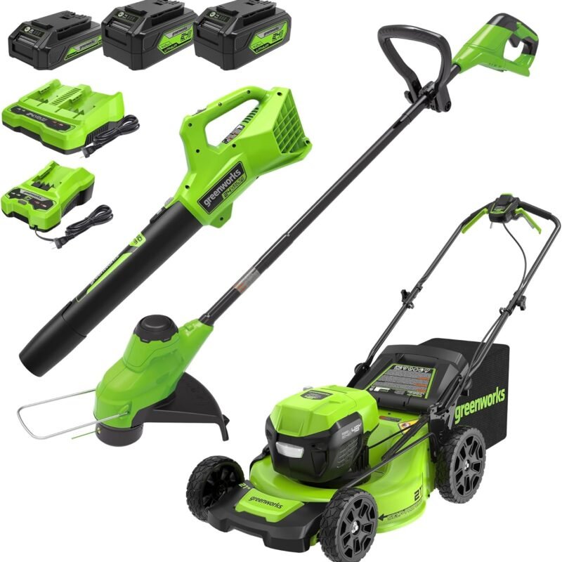 Greenworks 48V (2x24V) 21" Cordless Battery Self-Propelled Mower, 10" String Trimmer & 320 CFM Blower Combo Kit w/ (2) 5.0Ah Batteries, (1) 2.0Ah Battery & Chargers