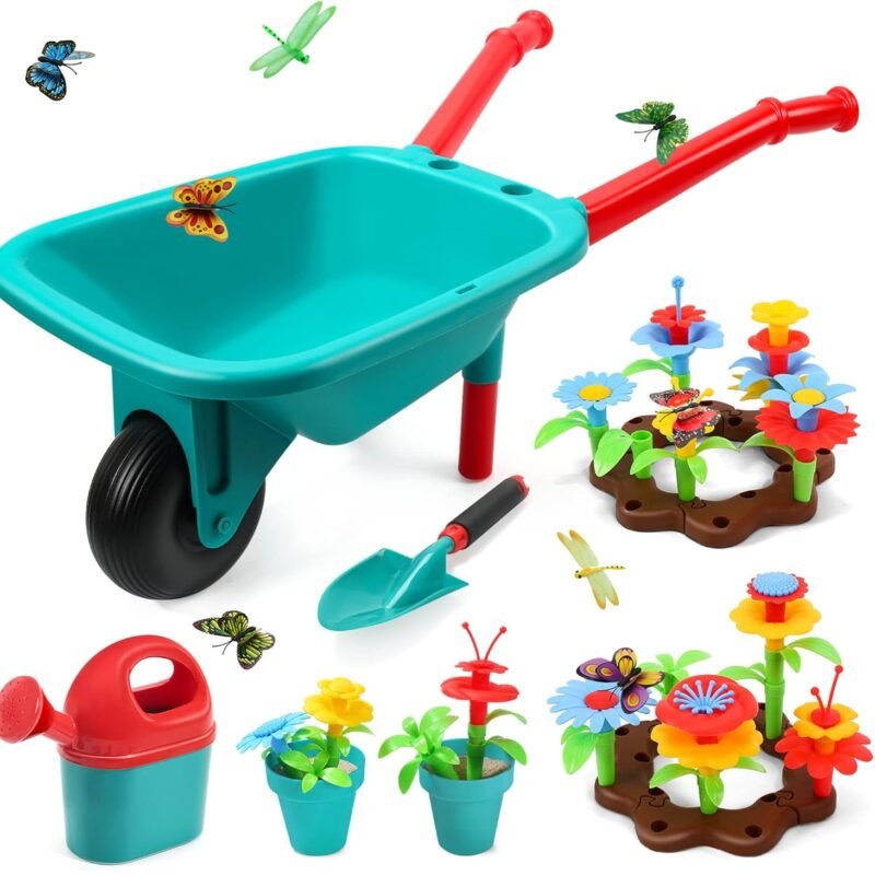 CUTE STONE Kids Gardening Tool Set, Garden Toys with Wheelbarrow, Watering Can, Shovel, Flower Garden Building Toy, Pretend Play Outdoor Indoor Toy, Activities Stem Toy Gifts for Boys Girls