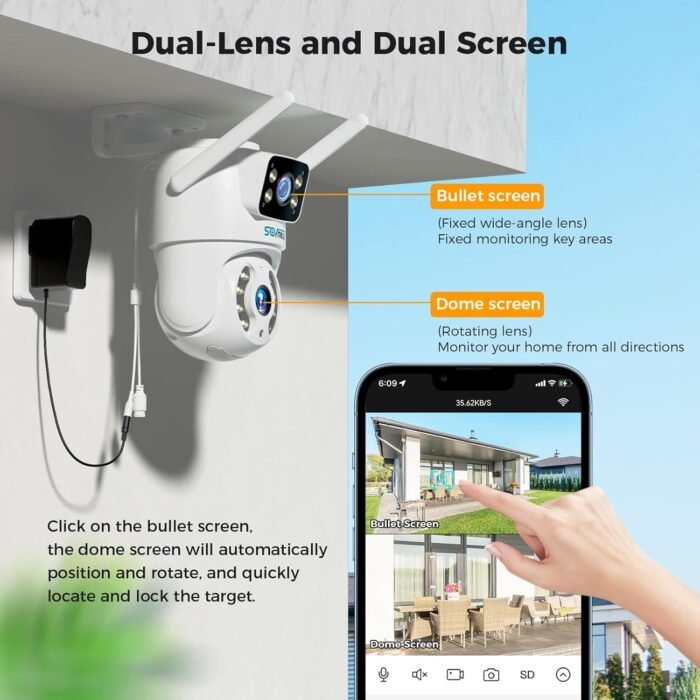 SOVMIKU 6MP PTZ Dual Lens Security Camera Outdoor, Wired Plug-in | Wireless 2.4G WiFi Camera, 360° View, Auto Tracking, Human Detection, Light Alarm, Color Night Vision, 24/7 Record,Two-Way Talk - Image 2