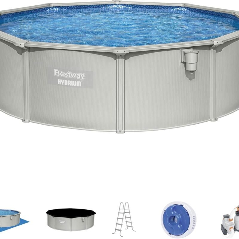 Bestway Hydrium 15'x 48" Steel Wall Above Ground Swimming Pool Set with Accessories, Sand Filter Pump, and Chemical Dispenser, Gray