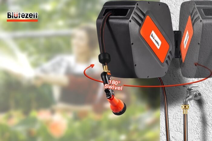 Blütezeit Retractable Garden Hose Reel, 1/2'' x 65ft+6ft Hose Reel Wall Mount with 9 Function Nozzle | Any Length Lock | 180° Swivel Bracket | Automatic Slow Rewind Self-Winding - Image 6