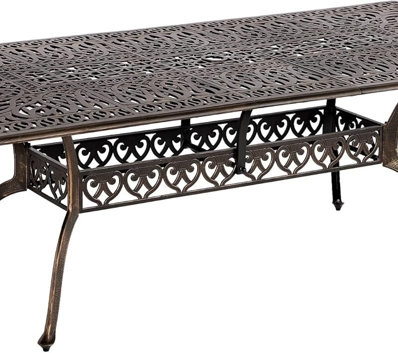 Grepatio Patio Dining Table - Outdoor Cast Aluminum Large Rectangular Table Weather-Resistant Table with 2" Umbrella Hole, People Party Lawn Backyard Garden Bronze, Blak 86.6"(L) x 59"(W) x 28.4"(H)