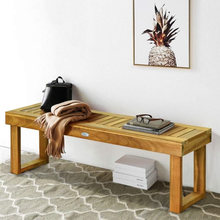 Tangkula 52 Inches Acacia Wood Outdoor Bench, Wood Bench for Dining Room Entryway Poolside Garden, Patio Backless Dining Bench with Slatted Seat, Ideal for Outdoors & Indoors (2, Teak) - Image 4