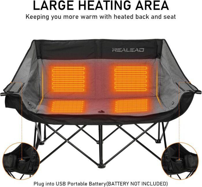 REALEAD Heated Double Camping Chair, 3 Heat Levels and 4 Heating Zones, Portable Heated Loveseat Chair for Outdoor Sports Support 650lbs, Heated Folding Chairs for Outside, Battery NOT Included - Image 4