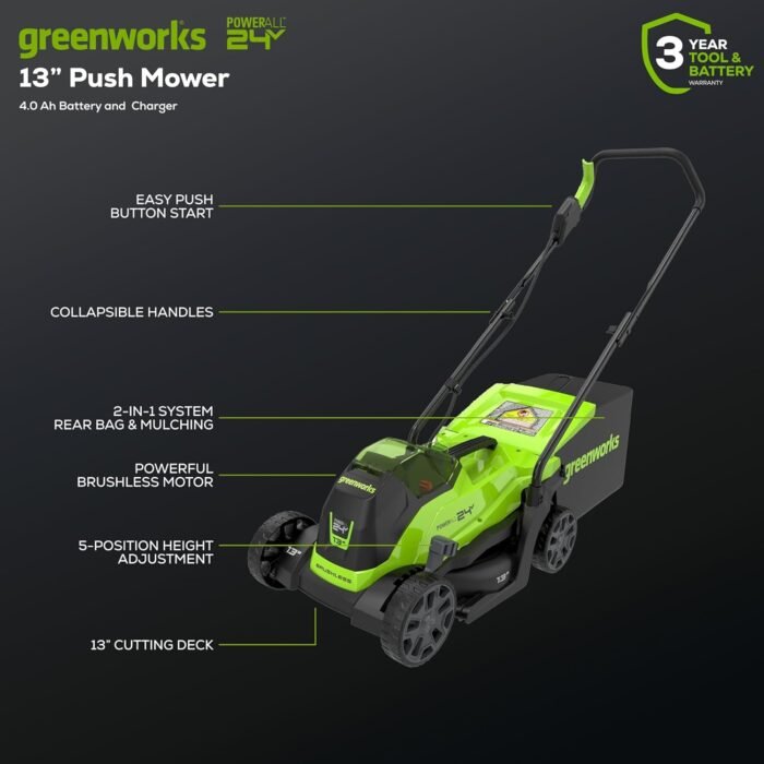 Greenworks 24V 13" Brushless Cordless (Push) Lawn Mower, 4.0Ah Battery and Charger Included - Image 2