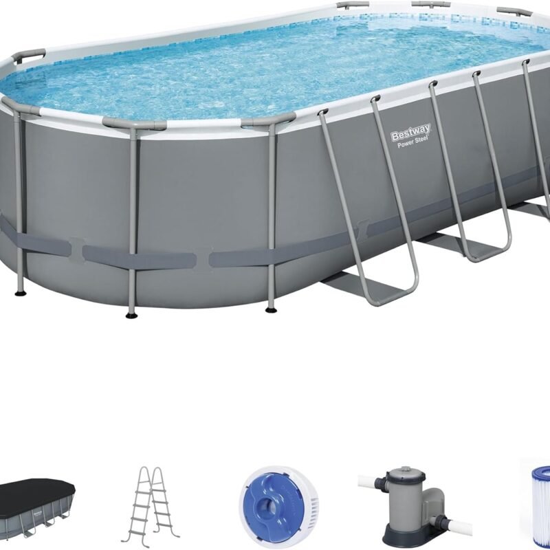 Bestway Power Steel 18' x 9' x 48" Oval Metal Frame Above Ground Outdoor Swimming Pool Set with 1500 GPH Filter Pump, Ladder, and Pool Cover