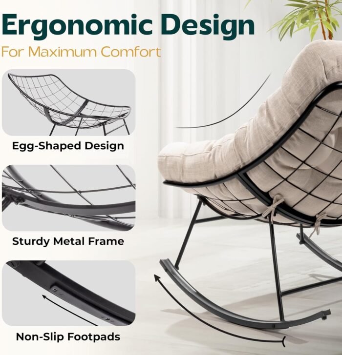 Bme Patio Rocking Chair Outdoor & Indoor, Metal Patio Lounge Rocking Chair with Thick Cushion, Comfy Modern Rocker Chair for Living Room, Porch, Backyard, Beige Cushion - Black Matte Rocker - Image 3