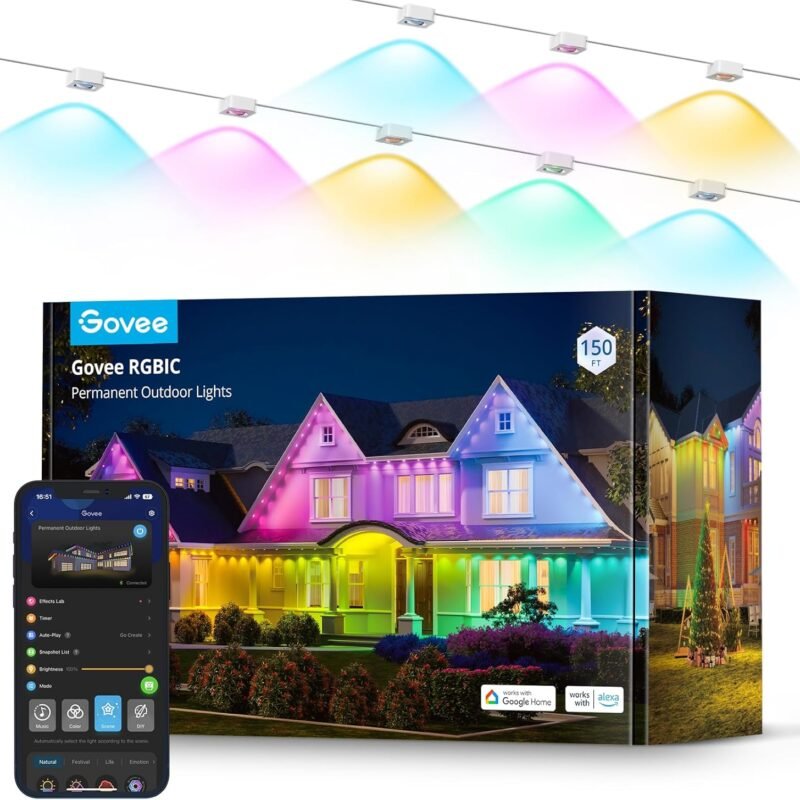 Govee Permanent Outdoor Lights, Smart RGBIC Outdoor Lights with 75 Scene Modes, 150ft with 108 LED Christmas Lights, IP67 Waterproof for Christmas Decorations, Work with Alexa, Google Assistant, White