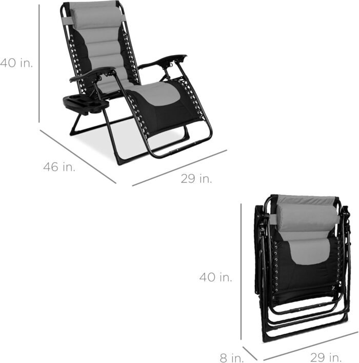 Best Choice Products Oversized Padded Zero Gravity Chair, Folding Outdoor Patio Recliner, XL Anti Gravity Lounger for Backyard w/Headrest, Cup Holder, Side Tray, Polyester Mesh - Black/Gray - Image 2