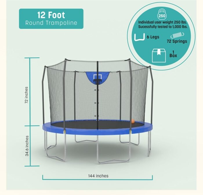 Skywalker Trampoline Outdoor 8 FT, 12 FT, 15 FT Jump N’ Dunk Round Outdoor Trampoline with Net, Trampoline Mat, and Basketball Hoop for Trampoline - Image 3