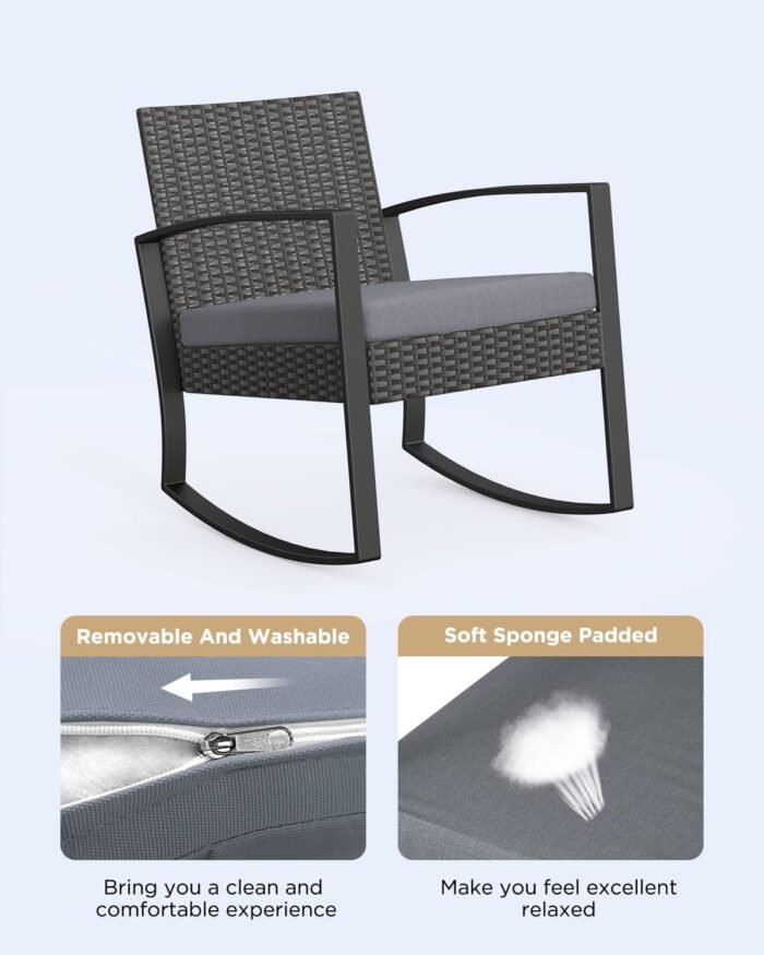 3 Pieces Patio Furniture Set Rocking Bistro Set Outdoor Rattan Conversation with Coffee Table for Garden Balcony Backyard Poolside (Grey Cushion) - Image 2