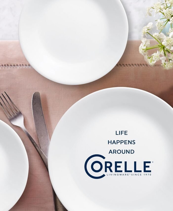 Corelle Vitrelle 18-Piece Service for 6 Dinnerware Set, Triple Layer Glass and Chip Resistant, Lightweight Round Plates and Bowls Set, Winter Frost White - Image 8