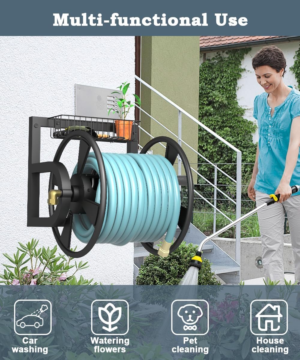 Outdoor Garden Hose Reel Wall Mount, Heavy-Duty Water Hose Holder Winder with 3.9 ft Leader Hose, Brass Fitting and Storage Basket for Yard, Holds 125 Feet of 5/8-Inch Hose, Black - Image 6