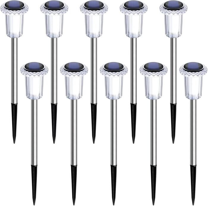 DenicMic Solar Lights Outdoor Pathway Lights 6000K LED Waterproof Acrylic Lamp Head Stainless Steel Stake for Yard Garden Landscape Path Walkway Driveway Patio Lawn (Cold White 10Pack) - Image 9