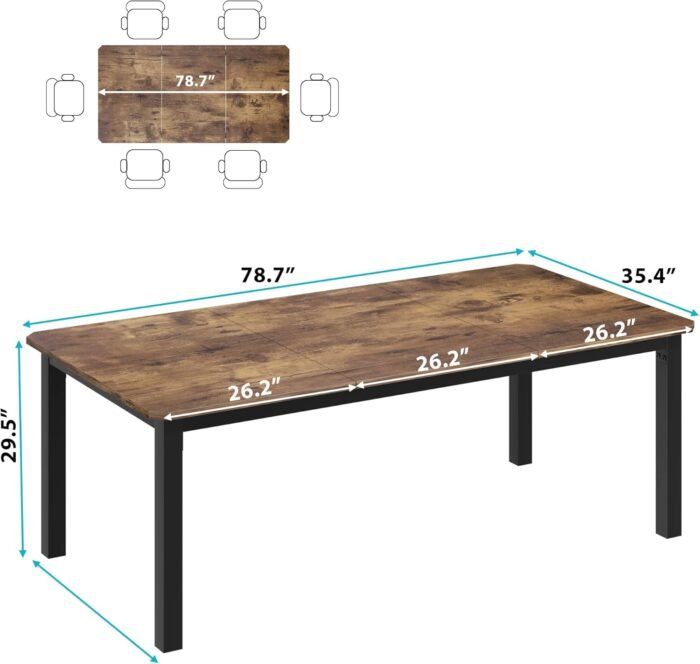 IDEALHOUSE Industrial Dining Table For 6~8 People, 78.7" Long Kitchen Table, Wood Dining Table, Kitchen & Dining Room Table, Rectangle Dining Room Table For 6 Ideal For Dinner Or Meetings -Retro Brown - Image 2
