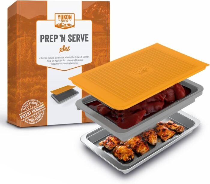 Food Prep BBQ Tray - The Yukon Glory™ Grill Prep Trays Include Plastic Marinade Container for Marinating Meat & Stainless Steel Serving Platter for All Your Grilled Barbecue - BBQ Prep 'N Serve™ Set
