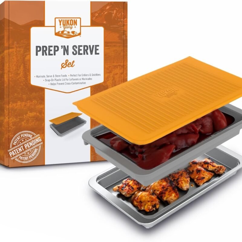 Food Prep BBQ Tray - The Yukon Glory™ Grill Prep Trays Include Plastic Marinade Container for Marinating Meat & Stainless Steel Serving Platter for All Your Grilled Barbecue - BBQ Prep 'N Serve™ Set