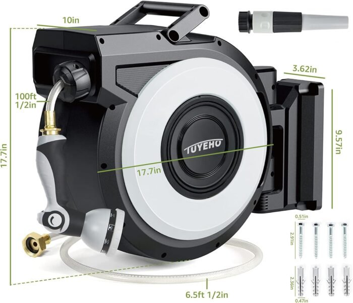 Tuyeho Retractable Garden Hose Reel 100FT, Wall Mount Heavy Duty Water Hose Reels with Automatic Slow Rewind System, Outdoor Hoses Reel with 2 Hose Nozzles for Garden Watering, Car Wash, Pet Shower - Image 6