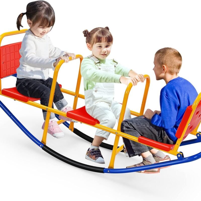 Costzon Teeter Totter Seesaw for Kids Outdoor, 2 in 1 Metal Rocking Seesaw for Toddlers with Easy-Grip Handles, 1-3 Person Home Preschool Backyard See Saw, Indoor Outdoor Rocker Toy Gifts for Ages 3-8