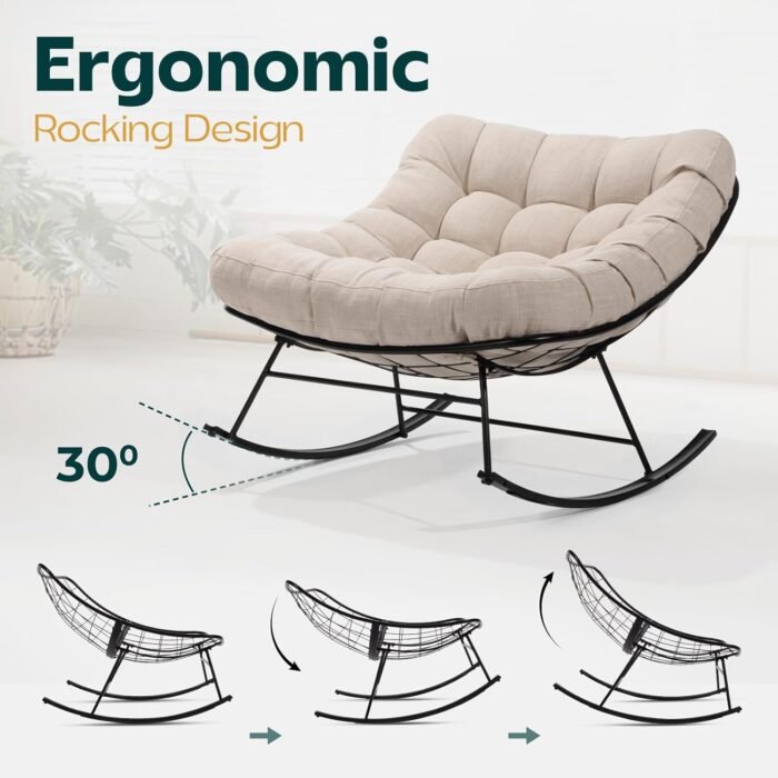 Bme Patio Rocking Chair Outdoor & Indoor, Metal Patio Lounge Rocking Chair with Thick Cushion, Comfy Modern Rocker Chair for Living Room, Porch, Backyard, Beige Cushion - Black Matte Rocker - Image 6