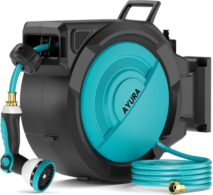 AYURA Retractable Garden Hose Reel, 1/2 inch x 100 ft Water Hose Reel Wall Mounted, UV Resistant Double Shell, Any Length Lock, Slow Auto-Rewind, 180°Swivel Bracket, 10 Pattern Nozzle