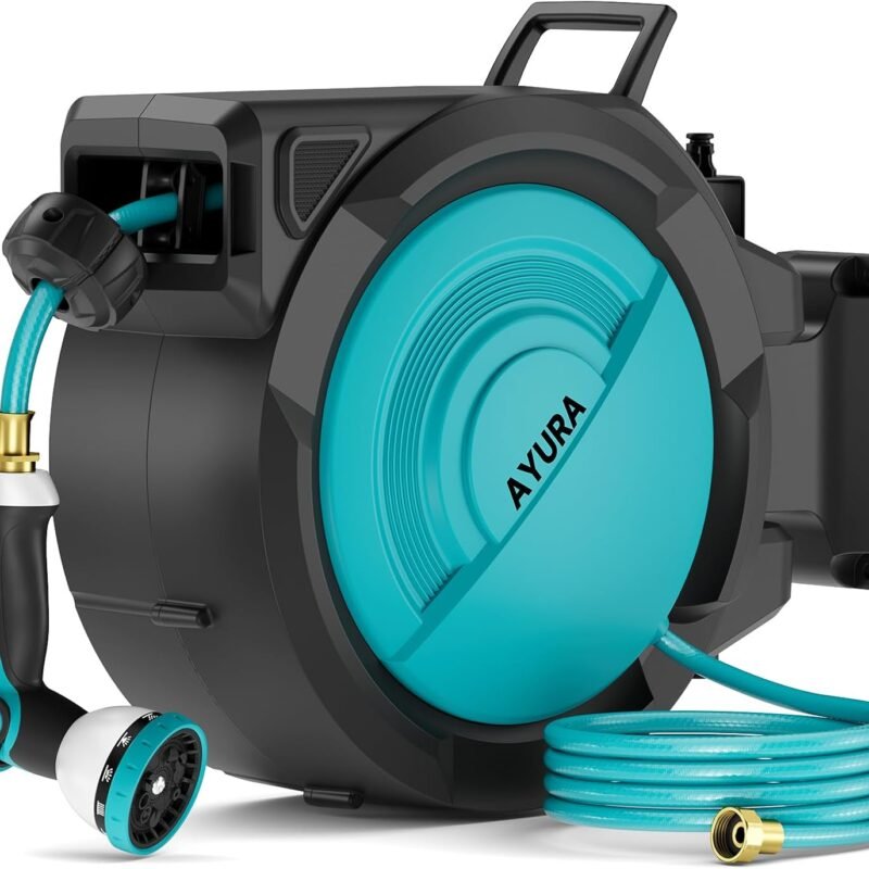 AYURA Retractable Garden Hose Reel, 1/2 inch x 100 ft Water Hose Reel Wall Mounted, UV Resistant Double Shell, Any Length Lock, Slow Auto-Rewind, 180°Swivel Bracket, 10 Pattern Nozzle
