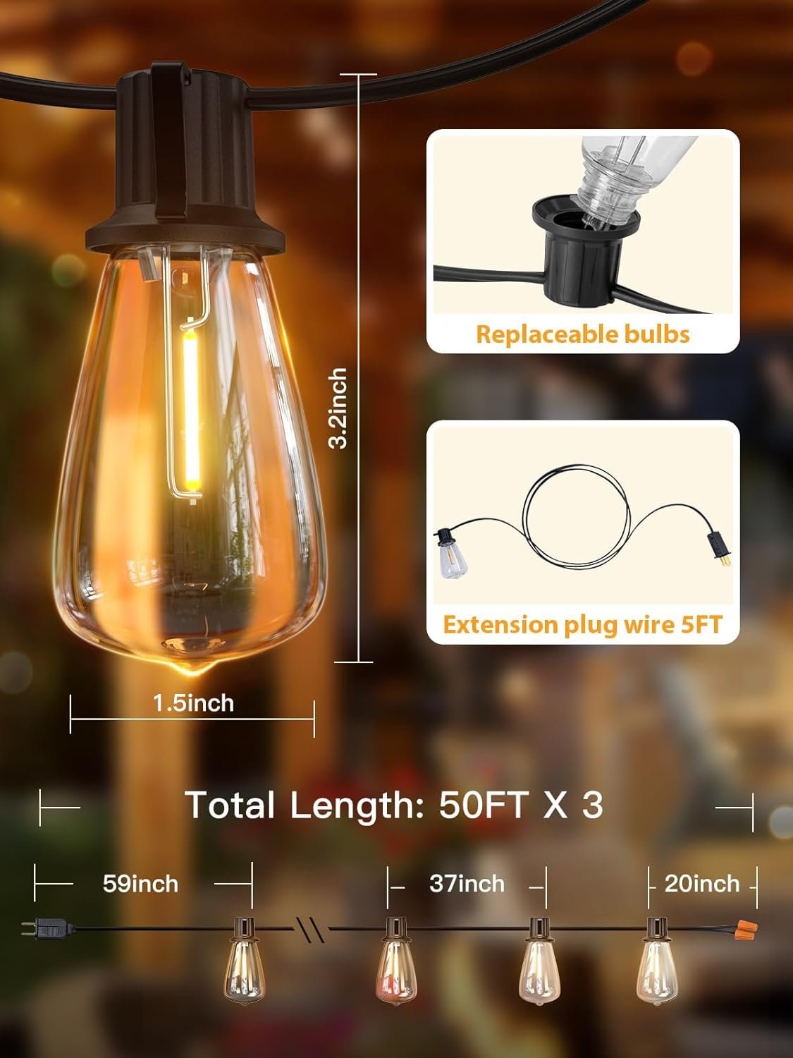 addlon 150 FT (3x50FT) Outdoor String Lights,Waterproof Patio Lights ETL Listed with 45+3 Shatterproof Dimmable ST38 LED Bulbs,2200K Connectable Outdoor Lighting for Backyard Bistro Garden - Image 8