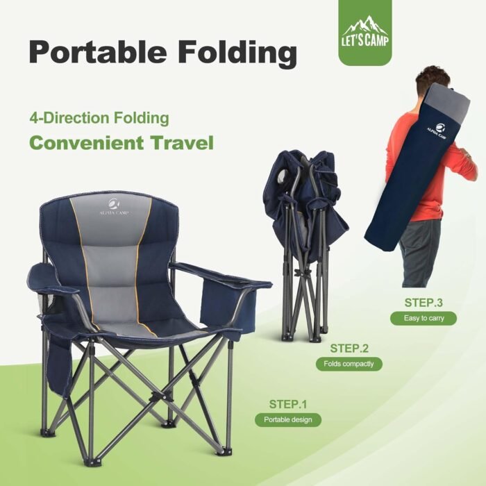 LET'S CAMP Folding Camping Chair Oversized Heavy Duty Padded Outdoor Chair with Cup Holder Storage and Cooler Bag, 450 LBS Weight Capacity, Thicken 600D Oxford,2 Pack - Image 9