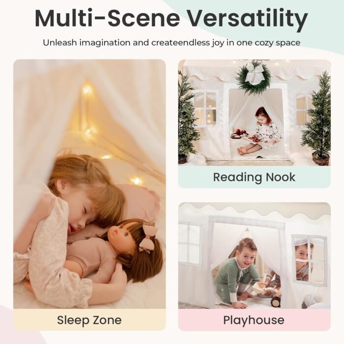 Tiny Land Play Tent with Padded Mat & LED Lights, Kids Tent, Playhouse for Kids, Indoor Bed Tent for Toddler, Toys for 3,4,5,6-Year-Old Girls, Neutral Color Play Room Furniture - Image 4