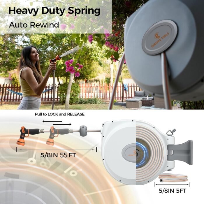 Giraffe Tools CW20 Retractable Garden Hose Reel 5/8" x 60 ft Heavy Duty Water Hose Reel, Swivel Bracket, Any Length Lock, Light Grey - Image 3