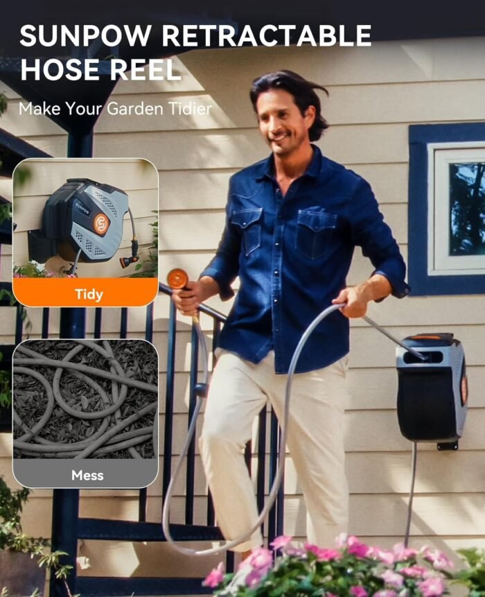 SUNPOW Retractable Garden Hose Reel - 1/2 inch x 50ft Wall Mounted Hose Reel with 3/4 inch Brass Fitting & 10 Function Sprayer Nozzle - Any Length Lock, Auto Rewind System, 180°Swivel Bracket - Grey - Image 2