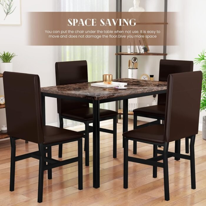 AWQM 5 Piece Dining Table Set for 4,Faux Marble Kitchen Table and Chairs for 4, Modern Dining Room Table Set with 4 Chairs,Dinner Table Set for Small Spaces, Brown - Image 5
