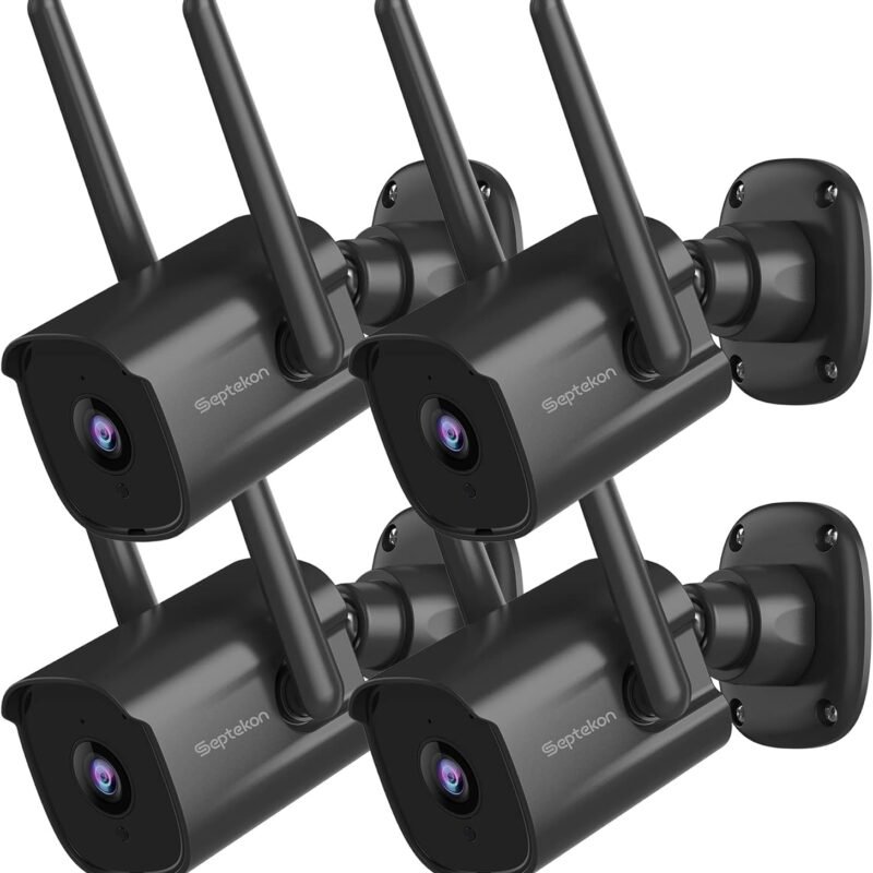 Septekon 2K Home Security Cameras 4 Pack, 2.4G Wired WiFi Security Camera Outdoor with Night Vision, Two-Way Audio, IP66, Motion Detection Alarm, Dual Antenna, Black