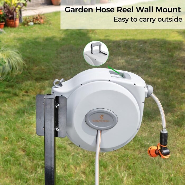 Giraffe Tools CW20 Retractable Garden Hose Reel 5/8" x 60 ft Heavy Duty Water Hose Reel, Swivel Bracket, Any Length Lock, Light Grey - Image 5