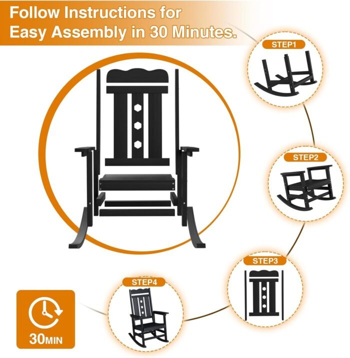 All-Weather Outdoor Rocking Chair, Oversized Porch Rocker Chair with 400 lbs Weight Capacity, High Back and Armrest, for Outdoor and Indoor, Garden, Backyard, Fire Pit, Lawn, Black - Image 6