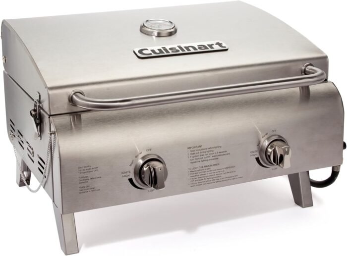 Cuisinart Chef's Style Tabletop Portable Propane Gas Grill with Dual Burners (20,000 BTUs Total), Stainless Steel Small Grill for Camping, Tailgates and Barbecues