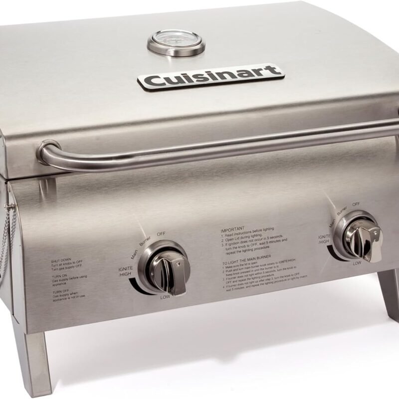 Cuisinart Chef's Style Tabletop Portable Propane Gas Grill with Dual Burners (20,000 BTUs Total), Stainless Steel Small Grill for Camping, Tailgates and Barbecues