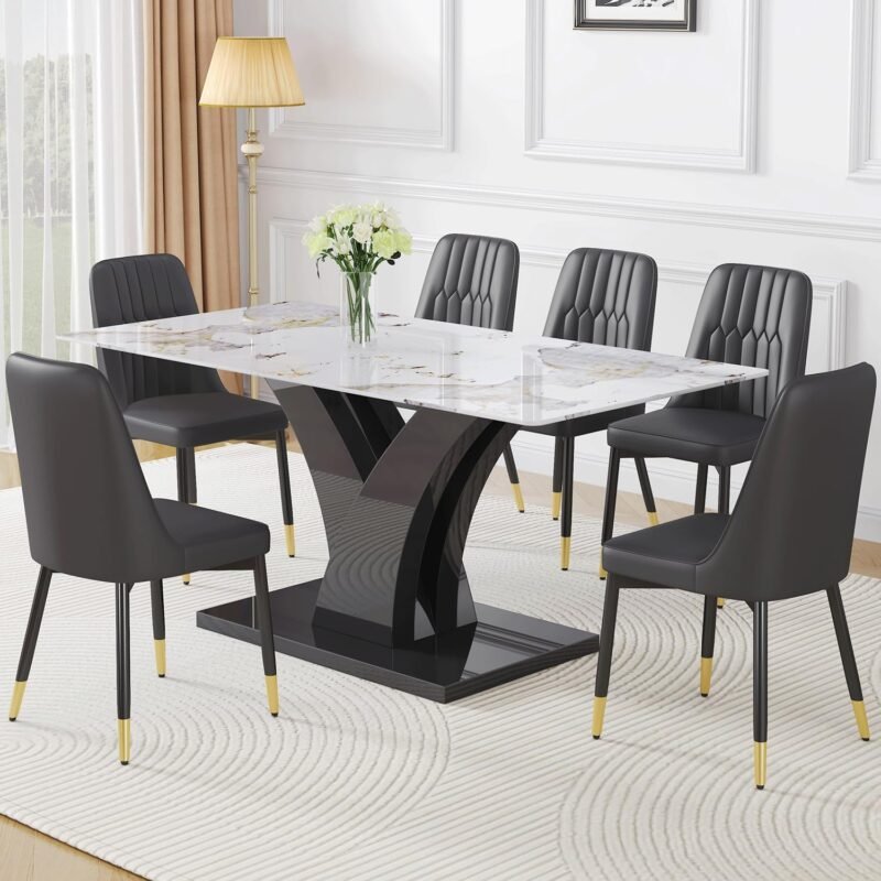 67” Faux Marble Dining Table Set for 6, 7 Piece Dining Table and Chairs Set, Dining Room, Kitchen Dining Table and 6 PU Leather Chairs, Rectangular Tempered Glass Dining Table with Black Legs and Base