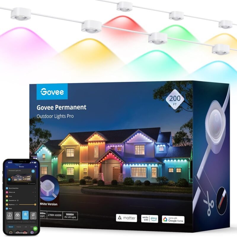 Govee Permanent Outdoor Lights Pro, 200ft with 120 RGBIC LED Lights for Daily and Accent Lighting, 75 Scene Modes for Outdoor Decor, IP67 Waterproof, Works with Alexa, Google Assistant, Matter, White