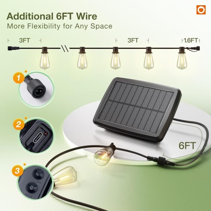 addlon 54(48+6) FT Solar String Lights Waterproof,Patio Lights Solar Powered with Remote & USB Port 15+1 LED Shatterproof Bulbs 3 Light Modes, Dimmable Solar Lights for Camping Backyard Garden - Image 7