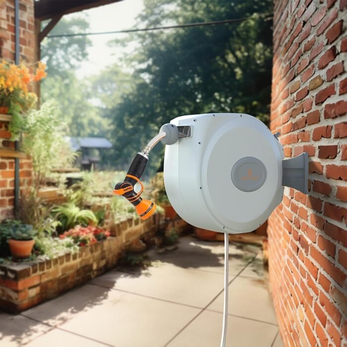 Giraffe Tools CW20 Retractable Garden Hose Reel 5/8" x 60 ft Heavy Duty Water Hose Reel, Swivel Bracket, Any Length Lock, Light Grey - Image 7