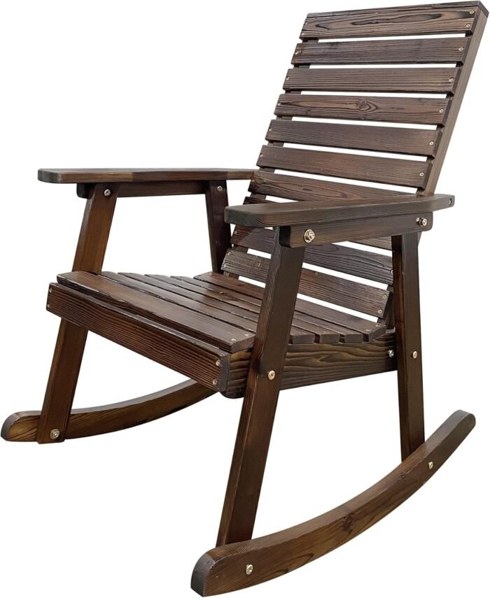 Wooden Rocking Chair with High Backrest and Contoured Seat, Solid Fir Wood, Heavy Duty 600 LBS, for Both Outdoor and Indoor, Backyard, Porch and Patio (Coffee) - Image 9