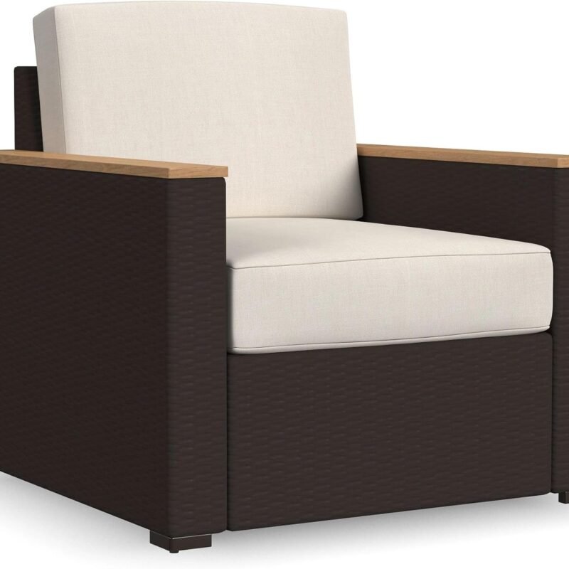 homestyles 6800-10 Palm Springs Outdoor Arm Chair with Cushion, Weatherproof Woven Wicker Rattan with Acacia Wood Accents, 1 Person, Beige/Brown
