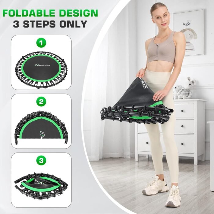 Mini Trampoline for Adults, ANCHEER Indoor Trampoline with Bungees 450/550 lbs Max Load with 4 Level Adjustable Handle Bar 40''/48'' Foldable Trampoline Kid Adult with Reinforced Stitching - Image 5