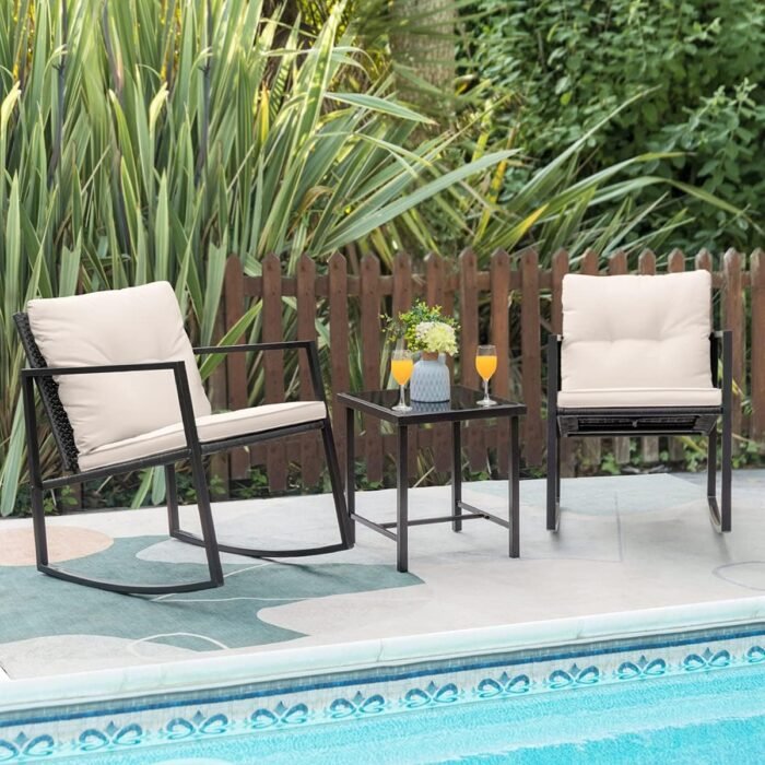 Greesum 3 Pieces Rocking Wicker Bistro Set, Patio Outdoor Furniture Conversation Sets with Porch Chairs and Glass Coffee Table, Beige - Image 2