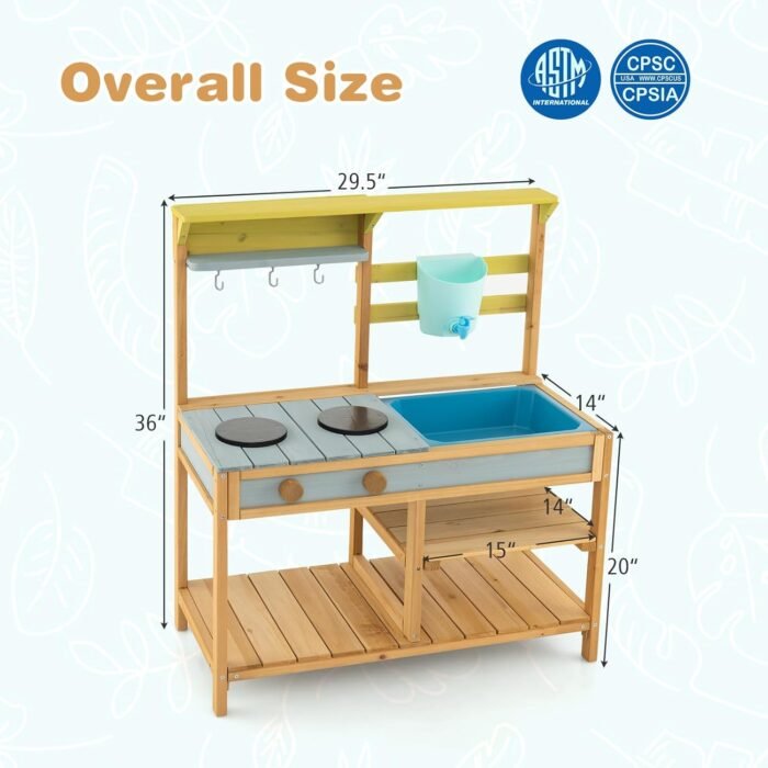 Costzon Wooden Kids Play Kitchen, Outdoor Mud Kitchen with Removable Sink, Water Box & Faucet, Stove Top, Storage Shelves, Fun Backyard Pretend Kitchen Playset for Boys Girls 3+ (Blue) - Image 6