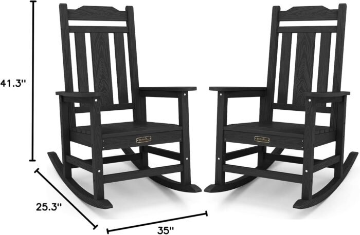 SERWALL Black Outdoor Rocking Chair Set of 2, All Weather Patio Rocking Chair, HDPE Poly Rocking Chair for Adults, Heavy Duty Front Porch Rocker - Image 2
