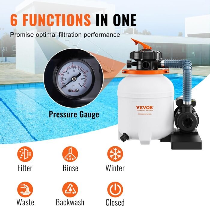 VEVOR 1585 GPH Above Ground Pool Sand Filter Pump, 12 inch 0.35 HP Pool Pumps System & Filters Combo Set with 6-Way Multi-Port Valve & Pressure Gauge, White - Image 3
